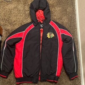 NHL Chicago Black Hawks Black and Red Full Zip Hooded Puffer Jacket
